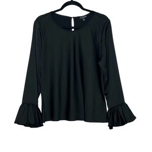 J. Crew Black Satin Blouse with Ruffled Bell Sleeves & Keyhole Back, Large